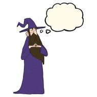 cartoon old wizard with thought bubble N7