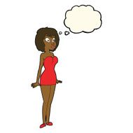 cartoon surprised woman in short dress with thought bubble N6