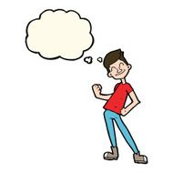 cartoon celebrating man with thought bubble N8