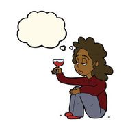 cartoon unhappy woman with glass of wine thought bubble N7