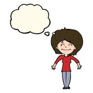 cartoon woman shrugging shoulders with thought bubble N330