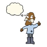cartoon angry old man in patched clothing with thought bubble N6