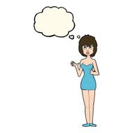 cartoon confused woman in cocktail dress with thought bubble N6