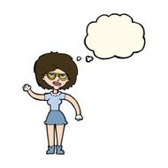 cartoon waving woman wearing spectacles with thought bubble N8