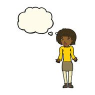 cartoon woman shrugging shoulders with thought bubble N331