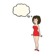 cartoon surprised woman in short dress with thought bubble N7