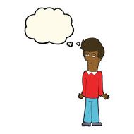 cartoon bored man shrugging shoulders with thought bubble N7