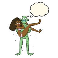 cartoon swamp monster carrying woman in bikini with thought bubb N5