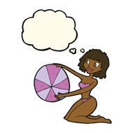 cartoon bikini girl with beach ball thought bubble N6