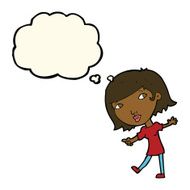 cartoon happy girl gesturing to follow with thought bubble N7