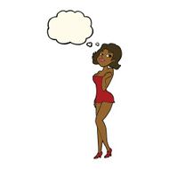 cartoon attractive woman in short dress with thought bubble N6