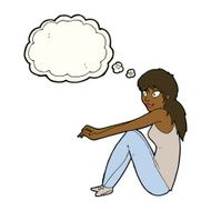 cartoon happy woman sitting with thought bubble N12