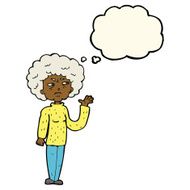 cartoon annoyed old woman waving with thought bubble N6