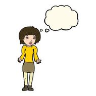 cartoon woman shrugging shoulders with thought bubble N332