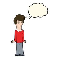 cartoon bored man shrugging shoulders with thought bubble N8
