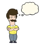 cartoon mustache muscle man with thought bubble N7