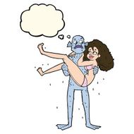 cartoon swamp monster carrying woman in bikini with thought bubb N6