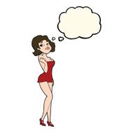 cartoon attractive woman in short dress with thought bubble N7