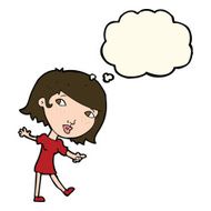 cartoon happy girl gesturing to follow with thought bubble N8