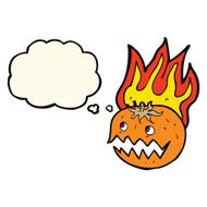 cartoon flaming pumpkin with thought bubble N4