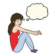 cartoon happy woman sitting with thought bubble N13