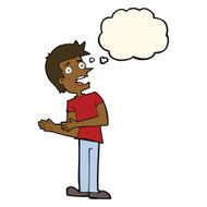cartoon man making excuses with thought bubble N7