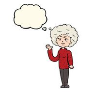 cartoon annoyed old woman waving with thought bubble N7