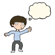 cartoon boy waving warning with thought bubble N8