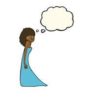 cartoon woman pulling photo face with thought bubble N7