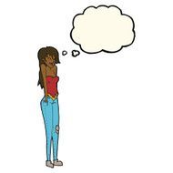 cartoon pretty woman shrugging shoulders with thought bubble N7