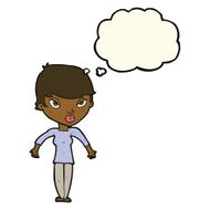 cartoon woman shrugging shoulders with thought bubble N333