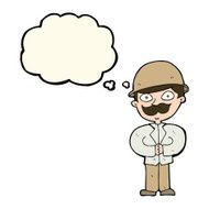 cartoon man in safari hat with thought bubble N4