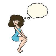cartoon sitting woman in dress with thought bubble N8