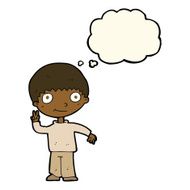 cartoon boy giving peace sign with thought bubble N7