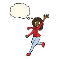 cartoon woman waving dressed for winter with thought bubble N7