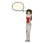 cartoon pretty woman shrugging shoulders with thought bubble N8