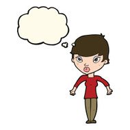 cartoon woman shrugging shoulders with thought bubble N334