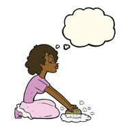 cartoon woman scrubbing floor with thought bubble N5