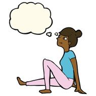 cartoon woman sitting with thought bubble N11