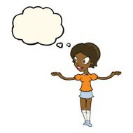 cartoon woman with arms spread wide thought bubble N7