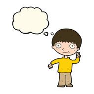 cartoon boy giving peace sign with thought bubble N8