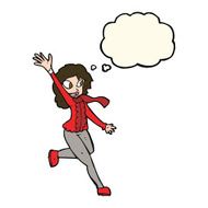 cartoon woman waving dressed for winter with thought bubble N8