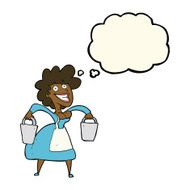 cartoon milkmaid carrying buckets with thought bubble N7