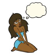 cartoon woman in skimpy clothing with thought bubble N7