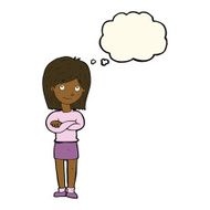 cartoon friendly girl rolling eyes with thought bubble N7