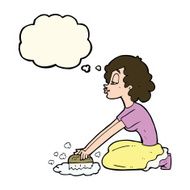 cartoon woman scrubbing floor with thought bubble N6