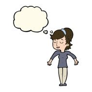 cartoon friendly woman shrugging shoulders with thought bubble N8