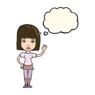 cartoon woman waving with thought bubble N251