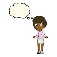 cartoon woman shrugging shoulders with thought bubble N335