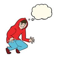 cartoon mischievous boy in hooded top with thought bubble N6